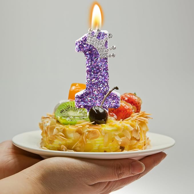 Birthday Number Candles,Purple Crown Birthday Candles for Cake,Glitter Number 1 Candle Cake Topper with Sequins for Anniversary Celebrations Supplies (Number 1)