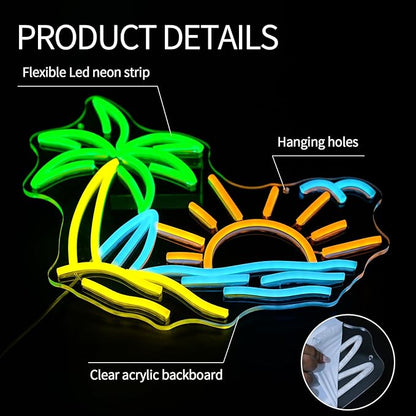 Tropic Neon Sign for Wall Decor Dimmable Coconut Tree Led Light Signs Summer Beach Neon Signs for Hawaii Shop Neon Light for Bar Bedroom Cafe Tiki Bar Party Decoration