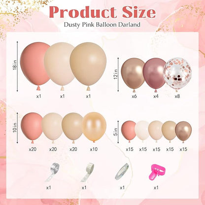 170Pcs Blush Dusty Rose Pink Balloons Garland Arch Kit, Boho Peach Rose Gold Neutral Confetti Balloons for Girls Women Bridal Baby Shower Wedding Engagement Birthday Party Decorations
