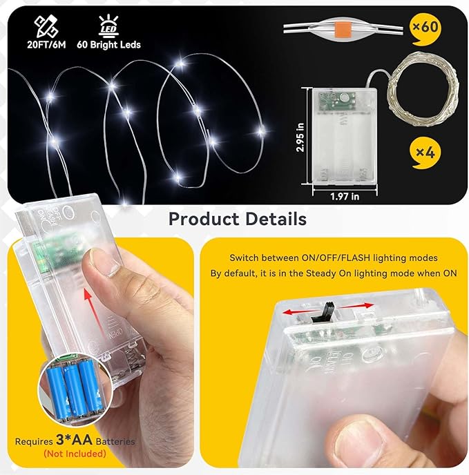 4 Pack 240LED Christmas Fairy Lights Battery Operated - 20FT Twinkle Lights with 2 Lighting Modes Indoor Outdoor, Waterproof Led Fairy String Lights for Bedroom, Classroom, Dorm, DIY Decor, Cool White