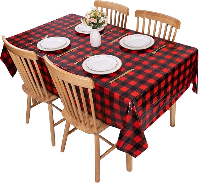 Kesfey 3 Packs Buffalo Check Plaid Table Cloth 54 x 108 Inches Red and Black Gingham Christmas Party Tablecloth Winter Plastic Checkered Tablecover for Dinner Picnic