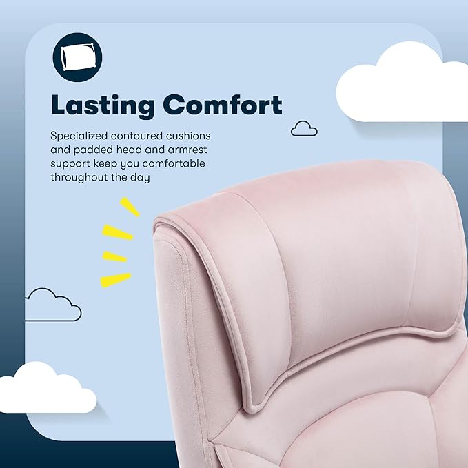 Serta Comfort Classic Executive Office Chair, Ergonomic Mid-Back Computer DeskChair with Lumbar Support, Semi-Plush Cushion and Body Pillows, Padded Armrests, Swivel Base, Pink Velvet Fabric