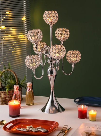LANLONG Silver Candle Holders for Table Centerpiece 7 Arms Tall Crystal Candelabra Home Wedding Decor Christmas Decorations Centerpieces for Dinner Party Events