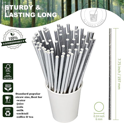 7.75 inch Disposable Silver Paper Straws 1000 Counts - for Drinking, Cocktail, Bar, Restaurant, Party, Wedding