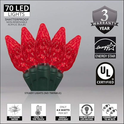 70 C6 LED Red Christmas Lights, 24 ft Green Wire Indoor/Outdoor Commercial Grade String, Valentine’s Day and Holiday Lighting