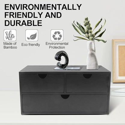 Bamboo Desk Organizer with 3 Drawers, Countertop Organizer with Drawers Makeup Storage Drawer 3 Drawer Tabletop Storage Organization Box Home Office Workspace（Black）