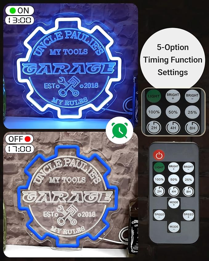 Custom Garage Neon sign for Wall Decor with Timing Remote, Personalized Gear Garage LED Neon Light for Man Cave, Home Bar, Workshop, Son Dad Birthday Gift ICE BLUE