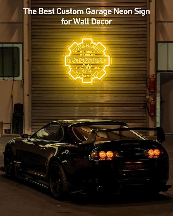 Custom Garage Neon sign for Wall Decor with Timing Remote, Personalized Gear Garage LED Neon Light for Man Cave, Home Bar, Workshop, Son Dad Birthday Gift GOLDEN YELLOW