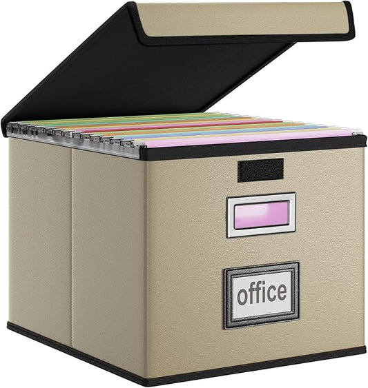 Huolewa Faux Leather File Organizer Box with Lid, Collapsible Hanging File Folder Box Organizer with Plastic Slides, Decorative Home/Office Filing System Boxes for File and Folder Storage-Khaki