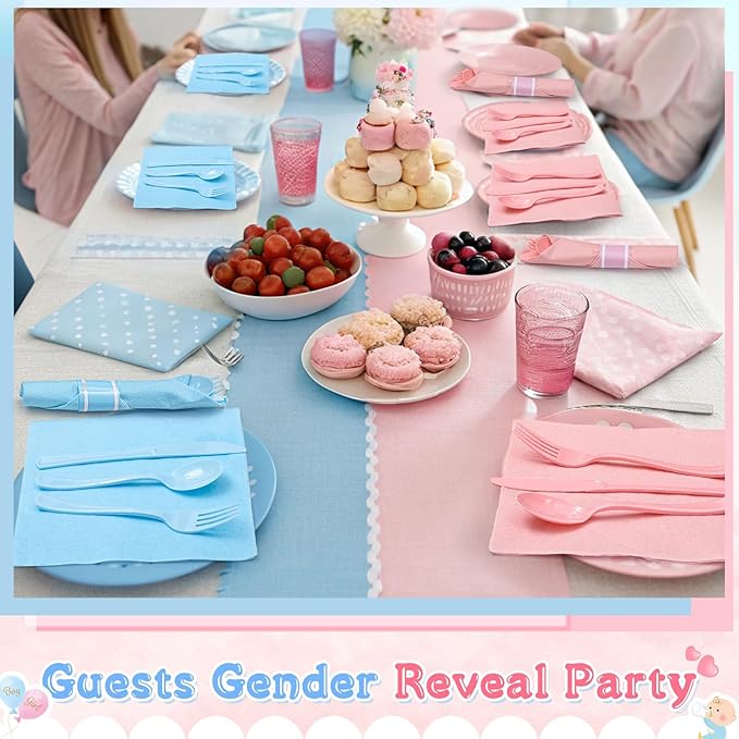 Lasnten 200 Pcs Pre-rolled Light Pink and Blue Plastic Silverware Set for 50 Guest Baby Gender Reveal Party Supplies Include Napkins Knives Spoons and Forks for Baby Shower (Light Pink and Blue)