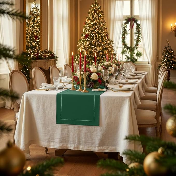 D'Moksha Homes Linen Forest Green Table Runner 90 Inches Long - Classic Hemstitch 100% Pure Linen Dining Table Runner 14 x 90 Inch for Winter, Christmas, Holiday