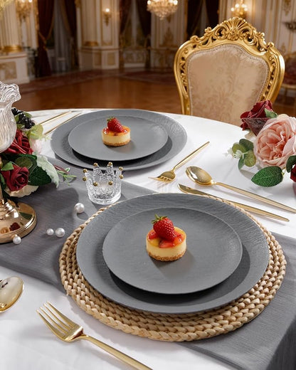 WONDERFUL 32pcs Dark Grey Plastic Plates Reusable Plates Unbreakable and Dishwasher safe Dishes Set Outdoor Plate Includes:16 Dinner 10" & 16 Dessert Plate 7.3" Suitable for Christmas New Year