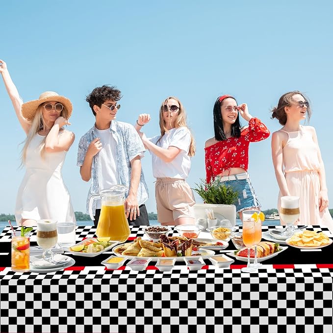 WNINK 3 PCS Racing Car Theme Tablecloths Car Disposable Plastic Tablecloths Black Checkered Flag Table Covers Racetrack Rectangular Tablecloth for Race Car Birthday Party Decorations, 54 x 108 Inch
