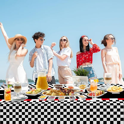 WNINK 6 PCS Racing Car Theme Tablecloths Car Disposable Plastic Tablecloths Black Checkered Flag Table Covers Racetrack Rectangular Tablecloth for Race Car Birthday Party Decorations, 54 x 108 Inch