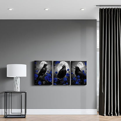 LevvArts Crow Canvas Wall Art Gothic Crow with Rose Painting Spooky Pictures Bathroom Bedroom Wall Decor (Blue)