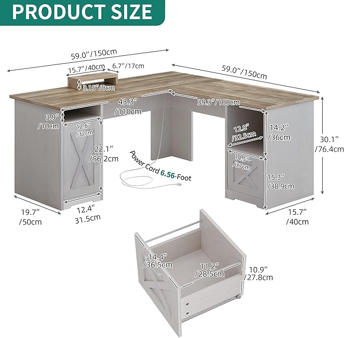 YITAHOME L Shaped Desk with Power Outlets, 60 Inch Computer Desk Corner Desk with File Drawer, Home Office Desk with Monitor Stand & Storage Shelves, L-Shaped Desk with File Cabinet, Grey Wash