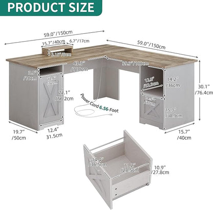 YITAHOME L Shaped Desk with Power Outlets, 60 Inch Computer Desk Corner Desk with File Drawer, Home Office Desk with Monitor Stand & Storage Shelves, L-Shaped Desk with File Cabinet, Grey Wash