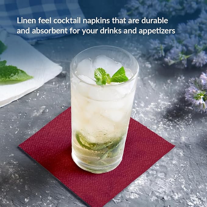 PAW - 100-Pack Disposable Linen-Feel Cocktail Napkins 4" x 4", Bordeaux Premium Paper Desert Napkins for Parties, Events, Elegant Cloth-Like Beverage Napkins For Bars, Restaurants, Catereres