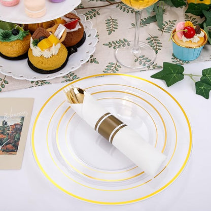 DaYammi 210PCS Clear Gold Plastic Dinnerware Set Christmas Plates Disposable Fancy Platos for Party Include: 30 Dinner Plates, 30 Dessert Plates, 30 Pre Rolled Napkins with Gold Silverware, 30 Cups