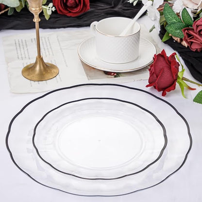 EI 150pcs Clear and Black Plastic Plates Dinnerware Disposable Party Set for 30Guests,Dinnerware Include 60 Clear Plates Disposable 90 Black Silverware,Perfect for Party,Christmas,New Year
