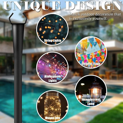 4 Pack 10Ft String Light Poles for Outside, Metal Outdoor Light Poles with 5 Prongs for Garden Patio Backyard Deck, Fence Bracket Hanging Light for Party Wedding Decor