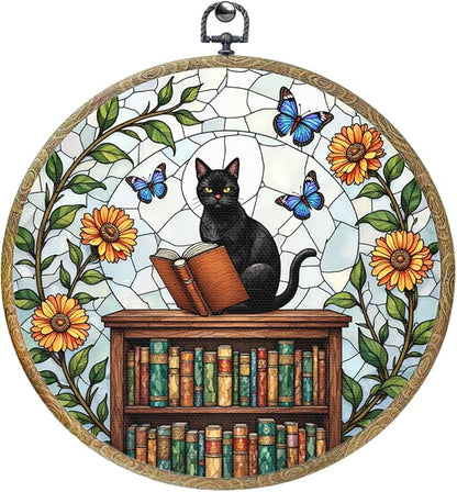 Cute Cat Decor Cat Stuff Accessories Book Lovers Gifts Reading Gifts Framed Round Wall Decor Canvas Wall Art Hanging Prints Artwork for Home Nursery Bedroom Living Room Decorations 10.2X10.2 Inch