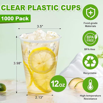 SIUQ 1000 Pack 12 oz Clear Plastic Cups, Bulk Disposable Cups 12 Ounce, Cold Party Drinking Cups for Party, Picnic, BBQ, Wedding, Travel, Halloween, Christmas, Events