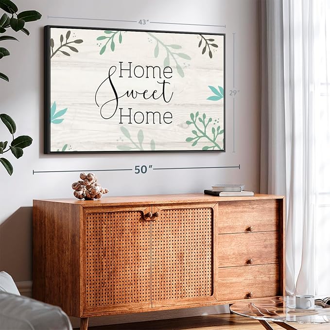 Elephant Stock Home Sweet Home Foliage Wall Art - Horizontal Floating Framed Canvas - 1-Piece Living Room Wall Decor - Leaf Digital Art Canvas Print - Beige and Black Decor for Wall by Susan Jill - 43" X 29"