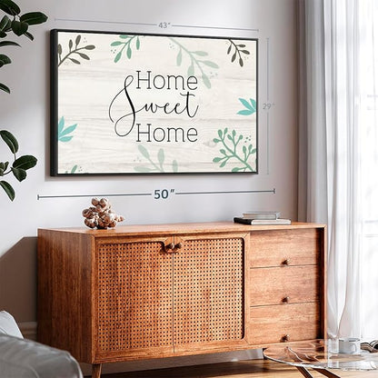 Elephant Stock Home Sweet Home Foliage Wall Art - Horizontal Floating Framed Canvas - 1-Piece Living Room Wall Decor - Leaf Digital Art Canvas Print - Beige and Black Decor for Wall by Susan Jill - 43" X 29"
