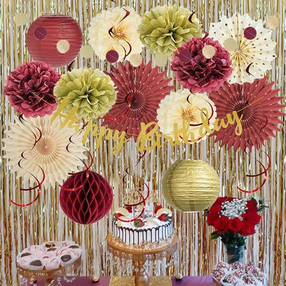 Burgundy Birthday Decorations for Women Maroon and Gold Party Decorations Tissue Paper Pom Poms Paper Fans Lanterns Maroon Birthday Decorations with Happy Birthday Banner Gold Circle Garland