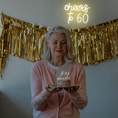 Cheers to 60 Neon Sign - 60th Birthday LED Neon Lights - Warm White - Happy Birthday Signs for Wall Decor - 60 Years LED Signs for Wall, Bedroom, Bar, Wedding, Party Decor