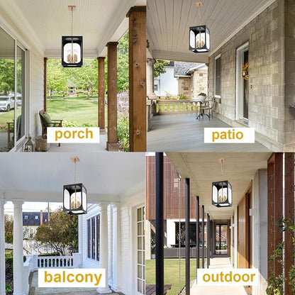 BONLICHT Large Outdoor Pendant Light Fixture 5 Light Modern Black Brass Outdoor Chandelier Porch Light with Clear Glass Exterior Pendant Lamp Ceiling Mount Hanging Lantern for Hallway Entrance Outside