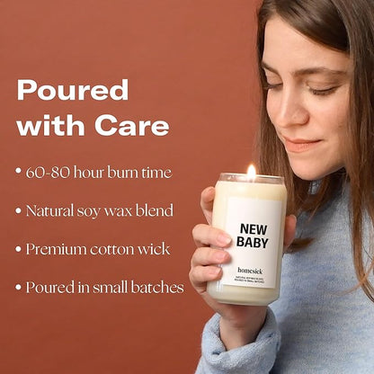 Homesick Scented Candles for Home (New Baby) - 13.75 oz Long-Lasting Natural Soy Wax Blend Jar Candle Gifts & Couples Baby Shower Favors, 60-80 Hours Burn Time - Notes of Geranium & Vanilla
