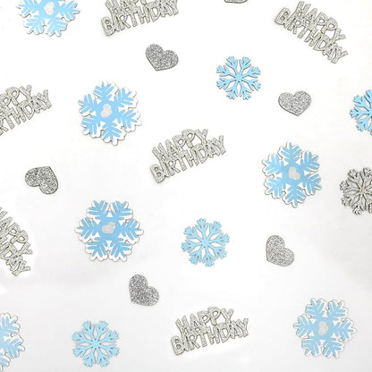 Blue Silver Snowflake Happy Birthday Confetti for Table – 200PC Glitter Heart Snowflakes Table Scatter for Winter Wonderland Birthday Decorations