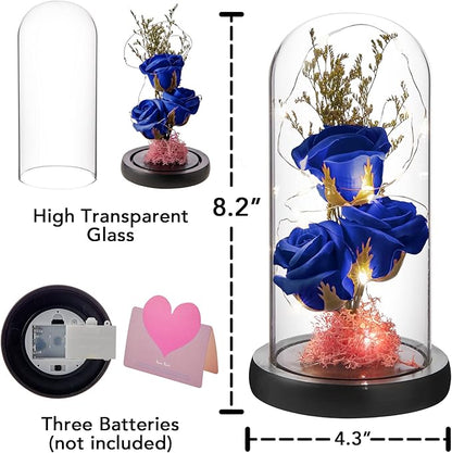 Preserved Flower Gift, Light Up Rose in Glass Dome, Eternal Forever Rose Flower Gifts for Her, Grandma, Mother’s Day, Valentine’s Day, Anniversary, Birthday, Christmas Decorations, Blue