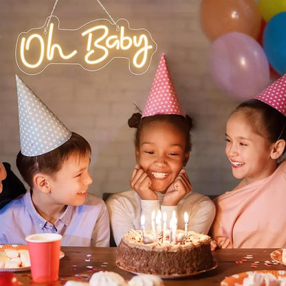 Oh Baby Neon Sign for Backdrop, 16.5”x 6.9” Dimmable Led Light up Sign for Baby Shower - Gender Reveal Birthday Party Decorations - Warm White
