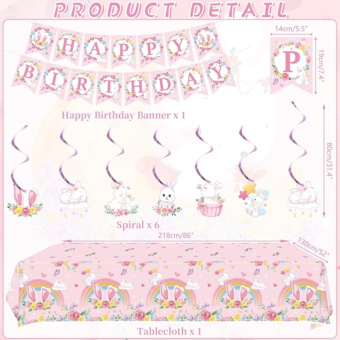 Pink Bunny Birthday Party Decorations for Gilrs - Rabbit Party Supplies including Happy Birthday Banner, Spirals, Cake Toppers, Table Centerpieces, Balloons (LQ)