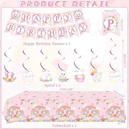 Pink Bunny Birthday Party Decorations for Gilrs - Rabbit Party Supplies including Happy Birthday Banner, Spirals, Cake Toppers, Table Centerpieces, Balloons (LQ)