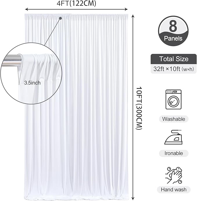 32 x 10ft White Backdrop Curtains for Wedding Photo Background Curtains Wrinkle Resistant Polyester Backdrop Curtains for Party Baby Shower Photoshoot Events Decor, 8 Panels-W4' x H10'