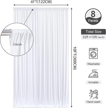 32 x 10ft White Backdrop Curtains for Wedding Photo Background Curtains Wrinkle Resistant Polyester Backdrop Curtains for Party Baby Shower Photoshoot Events Decor, 8 Panels-W4' x H10'