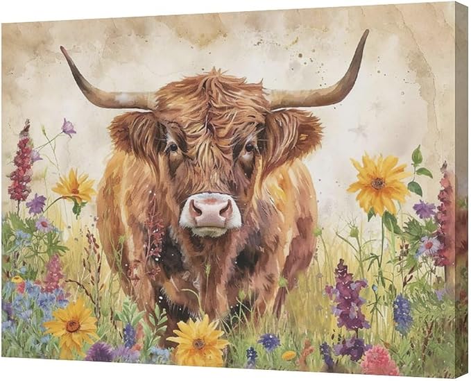 Highland Cow Wall Art Cow Pictures Wall Decor Flora Canvas Prints Painting Framed Artwork Office Home Decor For Bathroom Bedroom Dining Living Room 24L" x 20W"