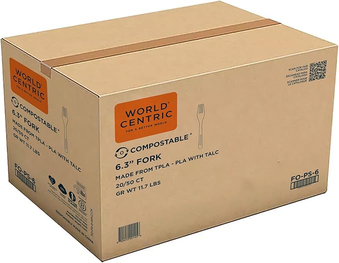 World Centric Compostable Fork 6.5" - Made from Plants and Minerals, TPLA - 1000 Pack