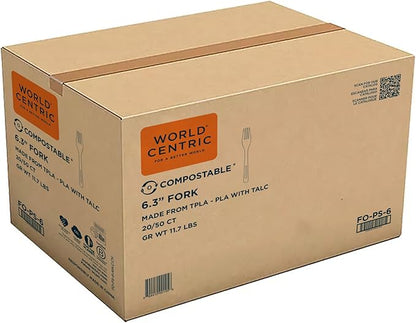 World Centric Compostable Fork 6.5" - Made from Plants and Minerals, TPLA - 1000 Pack