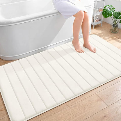 OLANLY Memory Foam Bath Mat 59x35, Super Soft Absorbent Bathroom Rugs, Quick Dry, Machine Washable Shower Floor Rugs, Bathmat Carpet, Bathroom Home Decor Accessories, Ivory