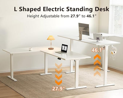 Casaottima 71 Inch Reversible Electric L Shaped Standing Desk, Height Adjustable Corner Stand up Desk, Ergonomic Large Lift Table for Home, Office, Workstation, Reception Room, White