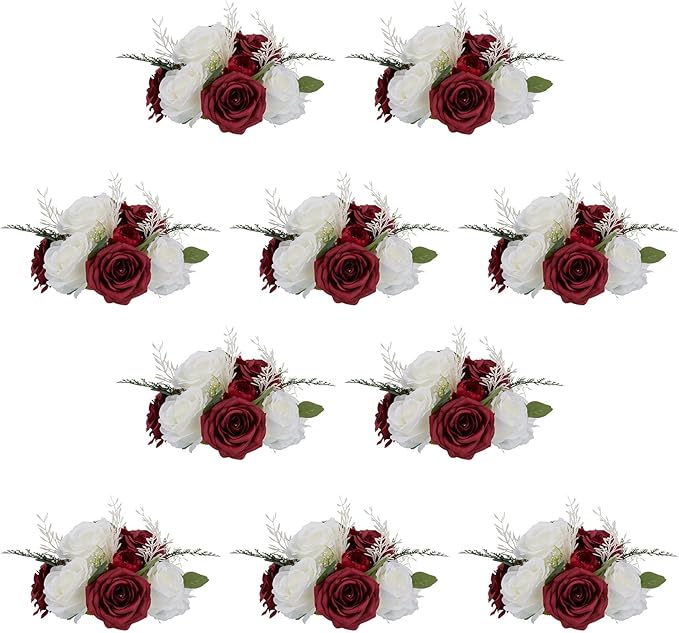 NUPTIO Flower Ball Centerpieces for Tables: 10 Pcs Crimson & White Artificial Rose Fake Floral Arrangement for Wedding Party Centerpiece Decorations 9.4 Inch Diameter
