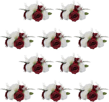 NUPTIO Flower Ball Centerpieces for Tables: 10 Pcs Crimson & White Artificial Rose Fake Floral Arrangement for Wedding Party Centerpiece Decorations 9.4 Inch Diameter