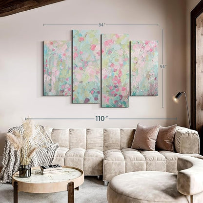 Elephant Stock Dancing Sakura Tree Wall Art - Horizontal Canvas - 4-Piece Living Room Wall Decor - Painting Abstract Canvas Print - Pink and Blue Decor for Wall by Ann Marie Coolick - 84" X 54"