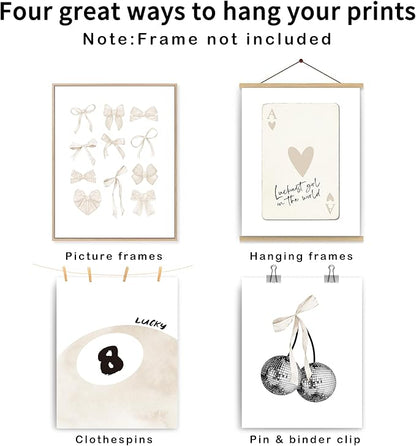 okaxscm Beige Coquette Trendy Preppy Wall Art Prints Set of 4, Coquette Room Decor, Preppy Room Decor Aesthetic, Beige Bow Disco 8 Ball Cherry Wall Decor Posters for Girls Bedroom Dorm, 8x10 Unframed