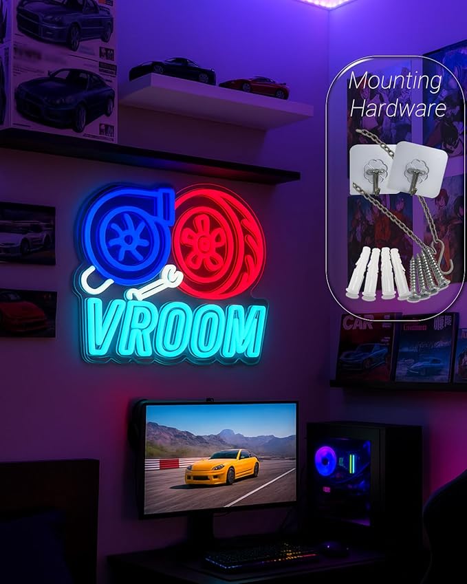VROOM Neon Sign for Car Lovers - 15.7’’ × 12.6’’ LED Wall Light with Turbo & Tire Design, USB Powered, Dimmable Garage Decor for Man Cave, Racing Room, Gamer Setup, Auto Enthusiast Gift